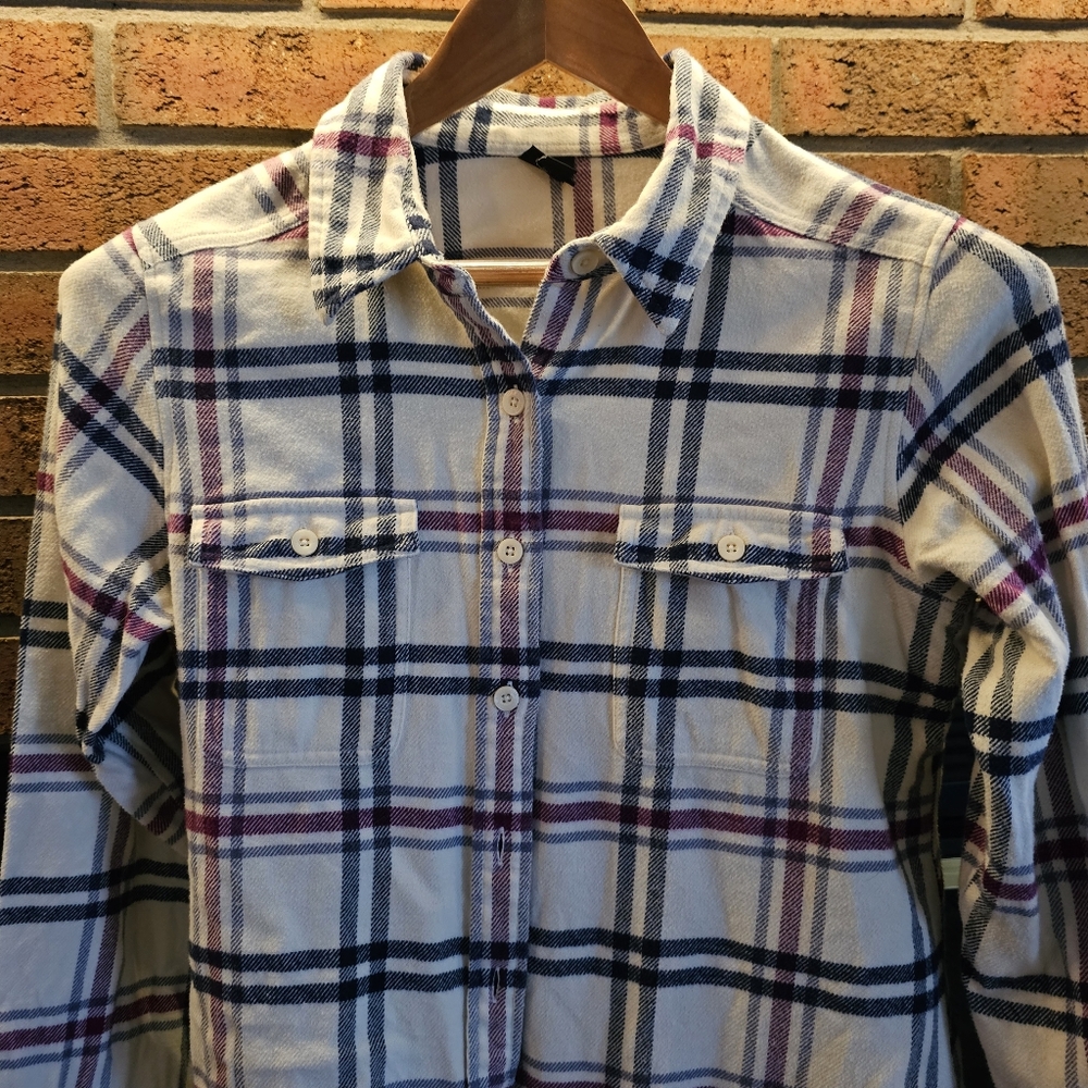 Patagonia Womens 10 Flannel/Plaid Button-Up Shirt, Cream, Blue, Burgundy Organic